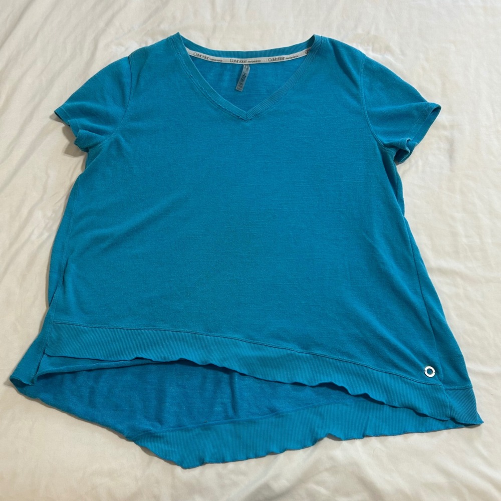 Calvin Klein Performance Womens XL Turquoise Blue V-Neck High-Low Activewear Top